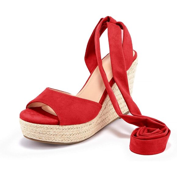 Women's Dark Red Wedges Open Ankle Strap Toe Tie Lace Up Sandals Heels Shoes - Picture 5 of 5